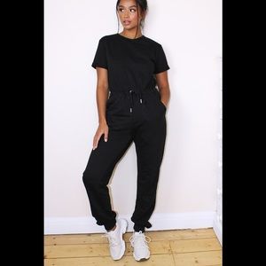 NEW PLT Pretty Little Things Petite Black Short-sleeve Drawstring Sweat Jumpsuit